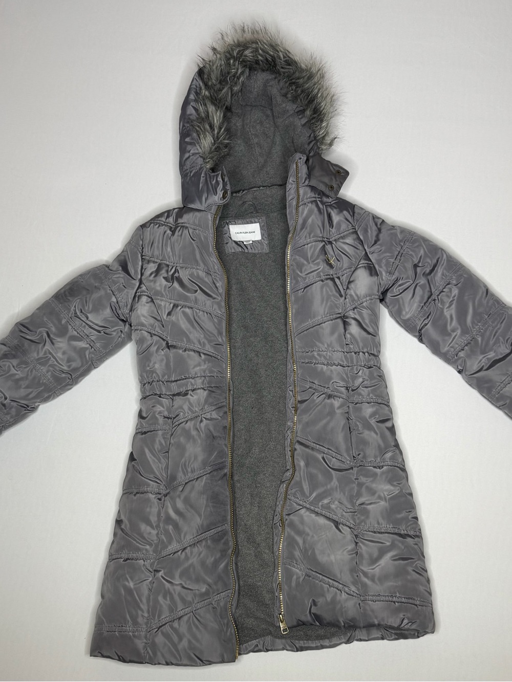 Calvin Klein Long Gray Quilted Hooded Puffer Coat